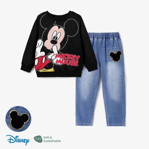 isney Mickey and Friends Toddler/Kid Boy Cotton Denim Jeans o Disney Mickey and Minnie Character Pattern Print Crew Neck Sweatshirt