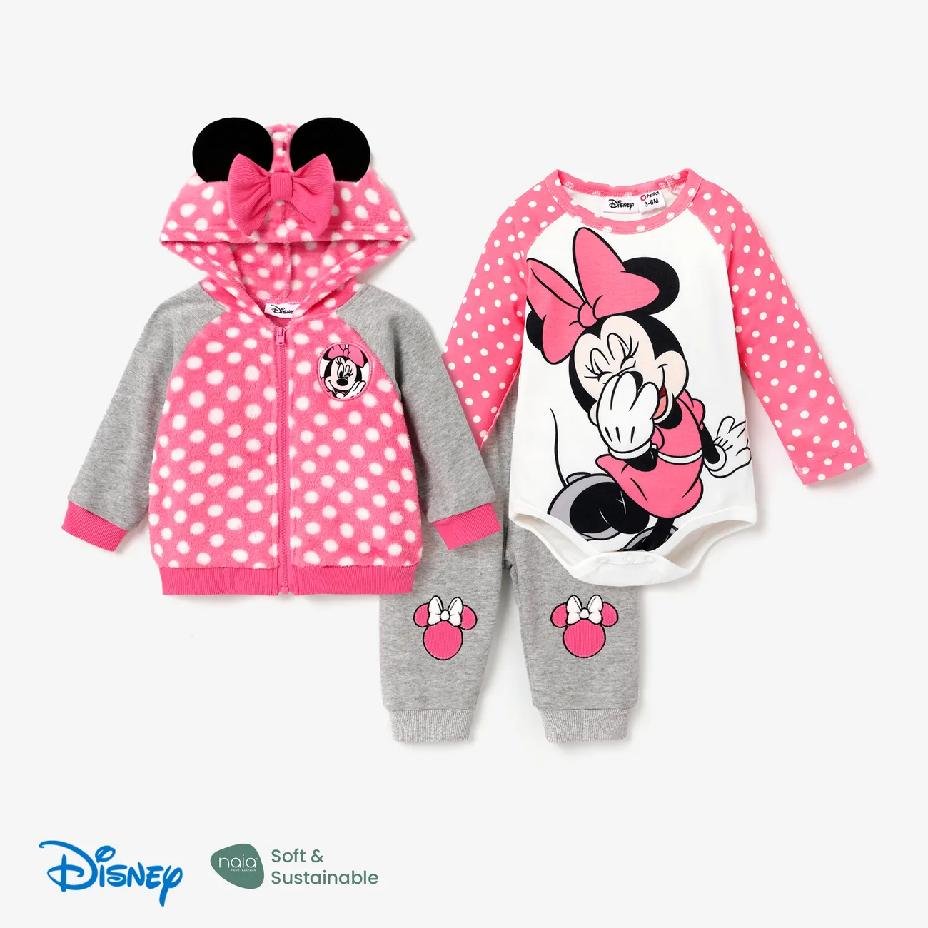 Disney Mickey and Friends 嬰兒 女 布料拼接 童趣 長袖 嬰兒套裝 粉色 big image 1