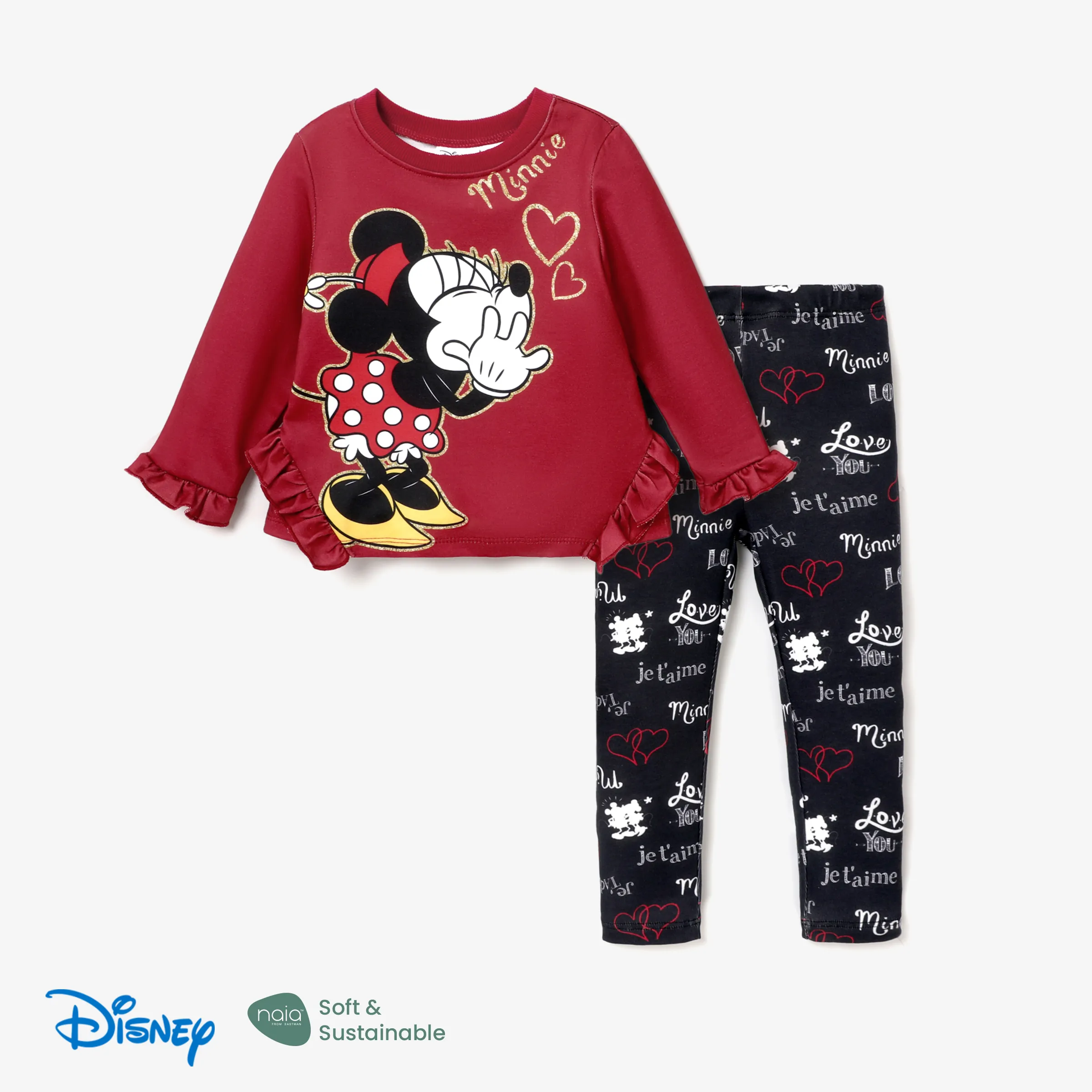 迪士尼米奇和米妮幼兒/兒童女孩母親節 2 件裝角色心形圖案上衣搭配緊身褲套裝
