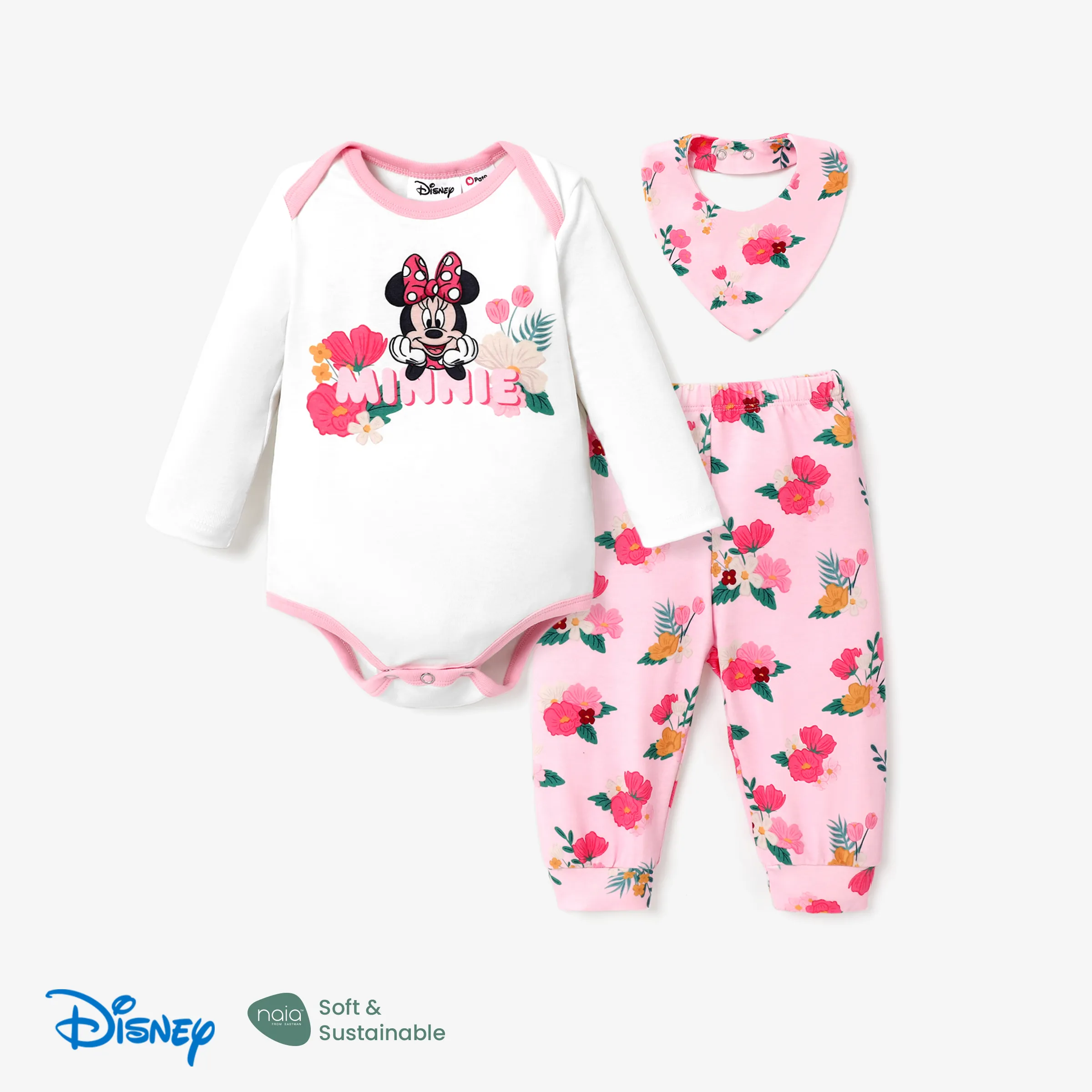 

Disney Mickey and Friends Baby Girl 3pcs Long-sleeve Top/Floral Pants/Bibs Set