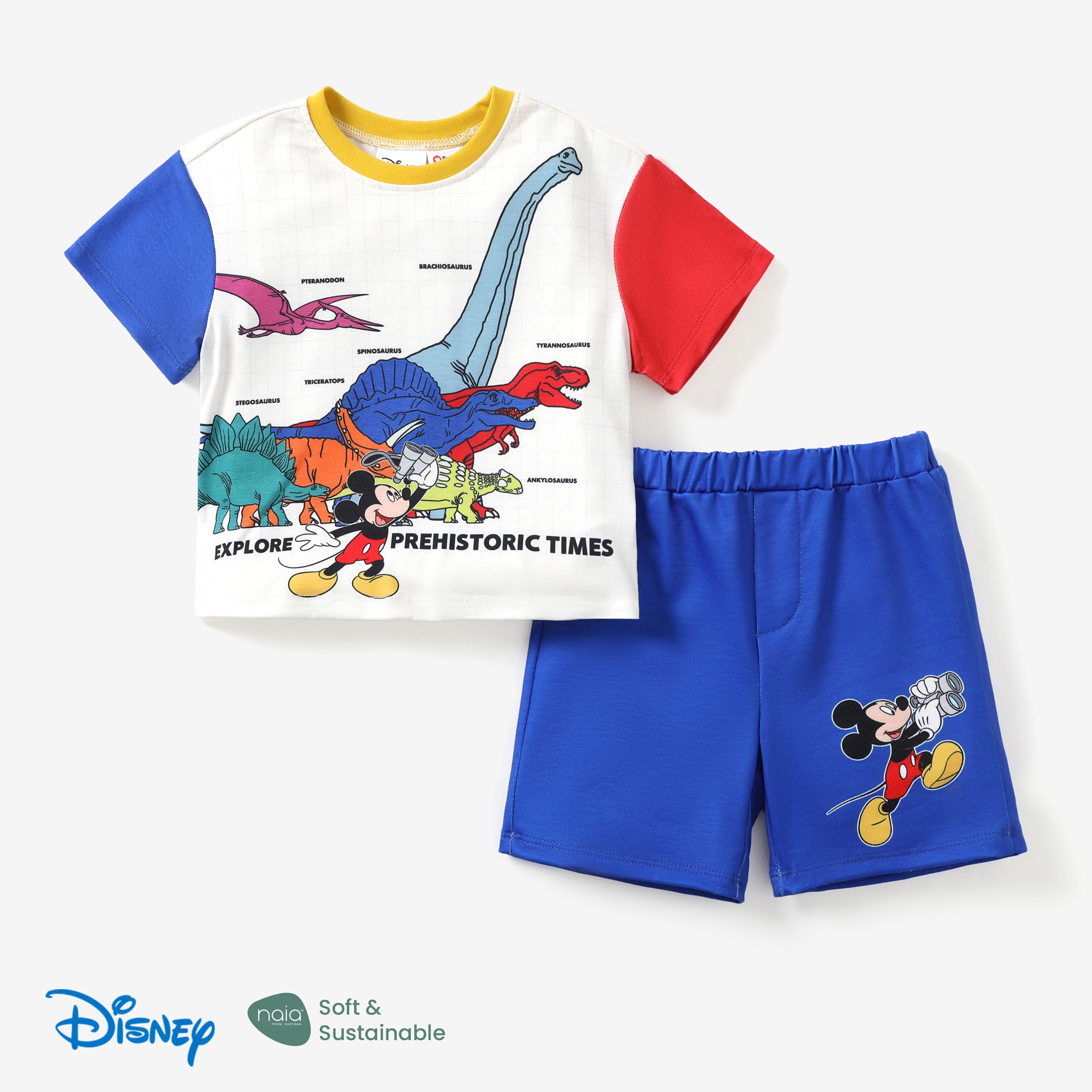 迪士尼米奇和朋友們 2 件蹣跚學步的男孩 Naia™恐龍動物印花 T 恤和短褲