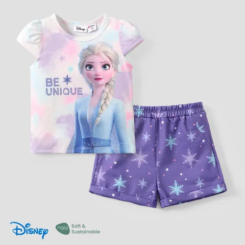 Top de manga princesa con estampado tie-dye degradado de Disney Elsa con estampado anudado con colorido conjunto de pantalones cortos con estampado integral