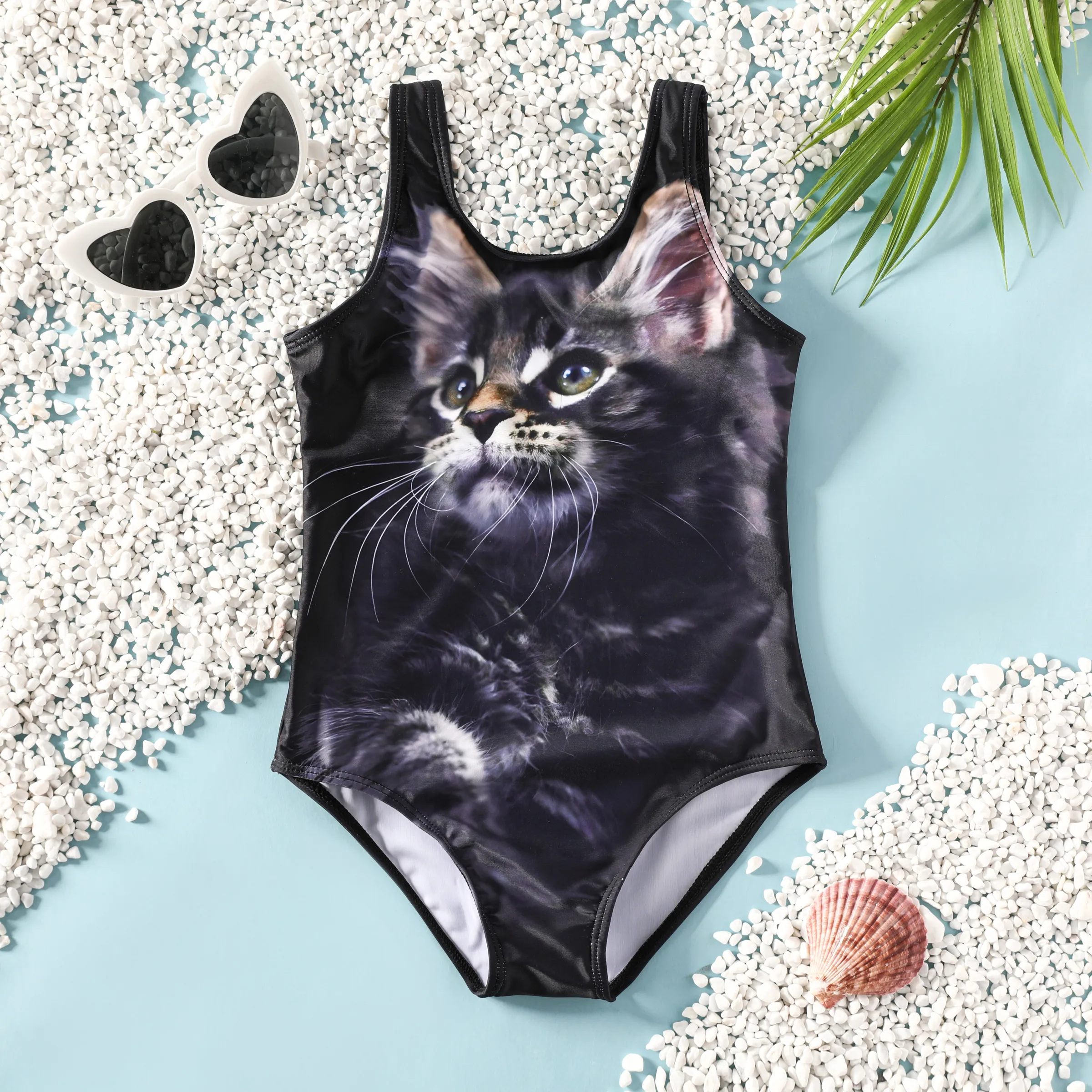 Kid Girl's Childlike Black Cat Pattern Tight Swimsuit Set