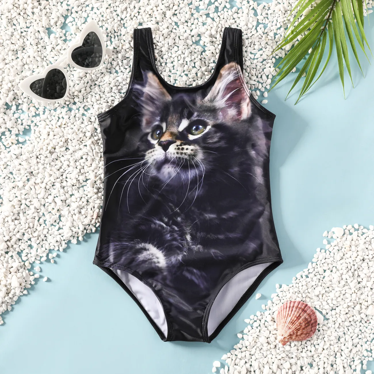  Kid Girl's Childlike Black Cat Pattern Tight Swimsuit Set Black big image 1