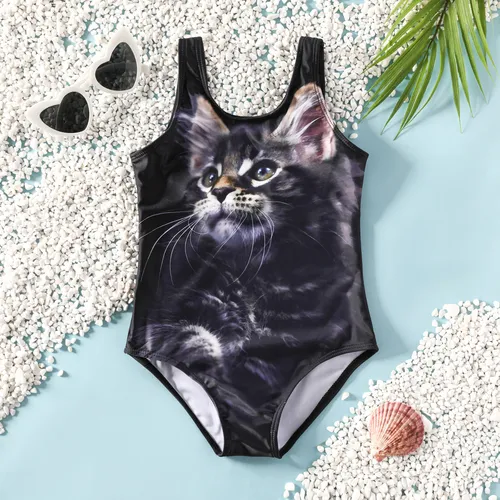 Kid Girl's Childlike Black Cat Pattern Tight Swimsuit Set