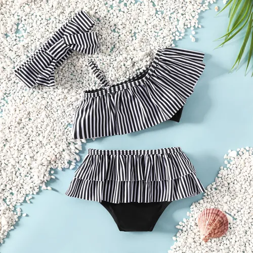 3pcs Baby Girl  Ruffled Edge Sweet Stripe Top/ Shorts/Headband Swimsuit Set 