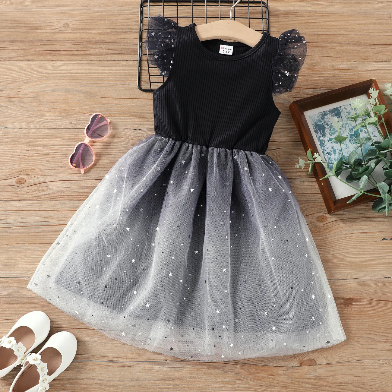 Sweet Progressive Change Flutter Sleeve Dress pour filles, ensemble 1 pièce, matériau en polyester Noir big image 1