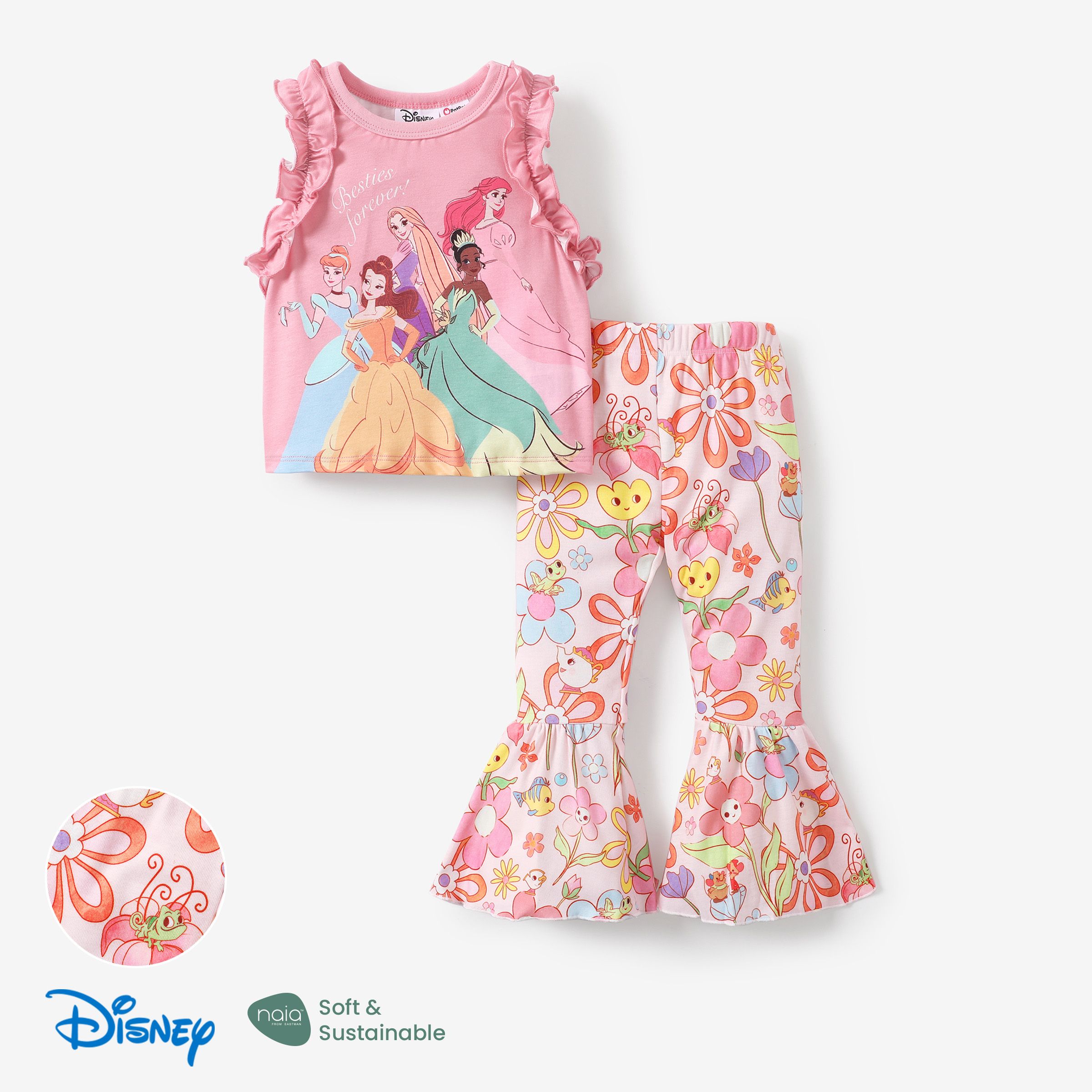 迪士尼公主女孩蹣跚學步荷葉邊吊帶背心帶花卉圖案緊身喇叭褲甜美復古套裝