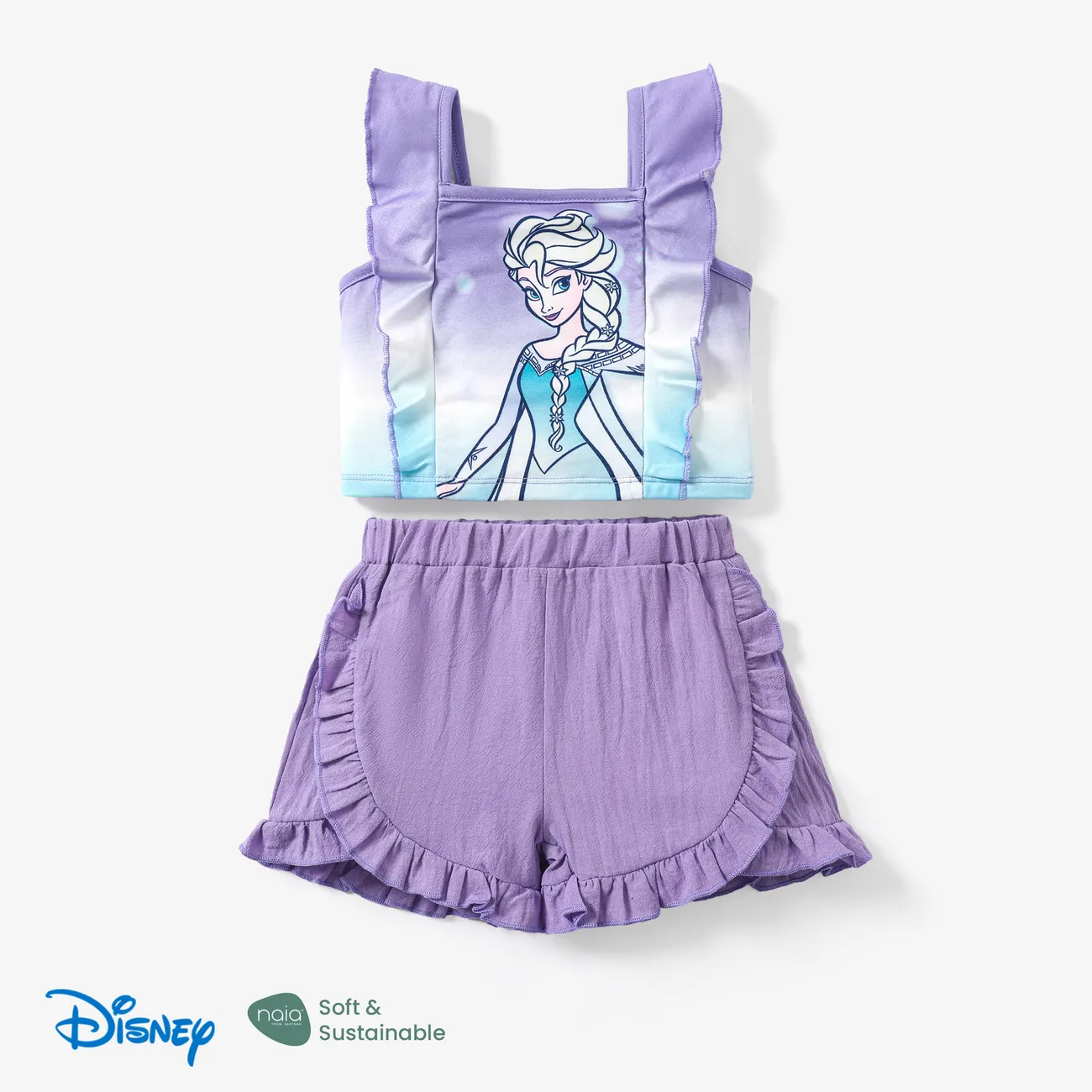 Disney Frozen Elsa & Anna 2pcs Naia™ Gradient Print Camisole with Ruffled Shorts Set Purple big image 1