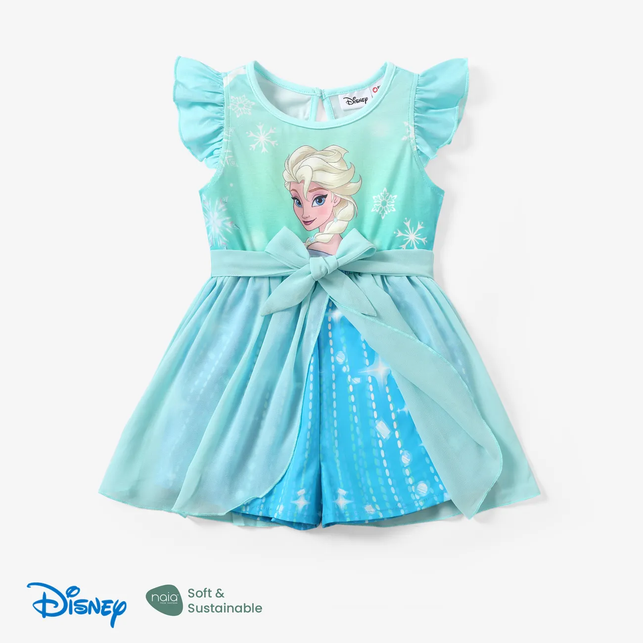 Disney Frozen Elsa 1pc Toddler Girls Naia™ Character Print Ruffled Bowknot Mesh Romper  Blue big image 1