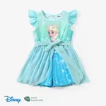 Disney Frozen Toddler Girls Elsa 1pc Naia™ Personagem Print Bow-tie Cintura Ruffled-sleeve Romper Azul
