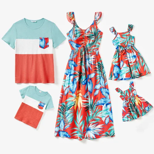 Família combinando cor bloco tee e cordão folha tropical estampado Shirred Back Strap Dress Sets