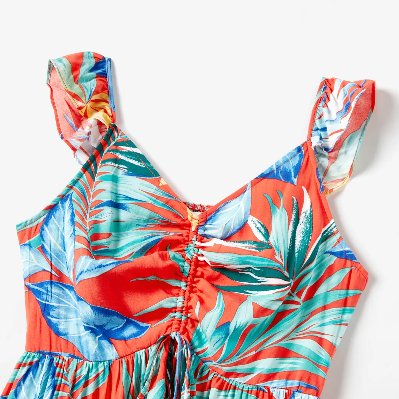 Family Matching Color Block Tee and Drawstring Tropical Leaf Printed Shirred Back Strap Dress Sets Orange color big image 1