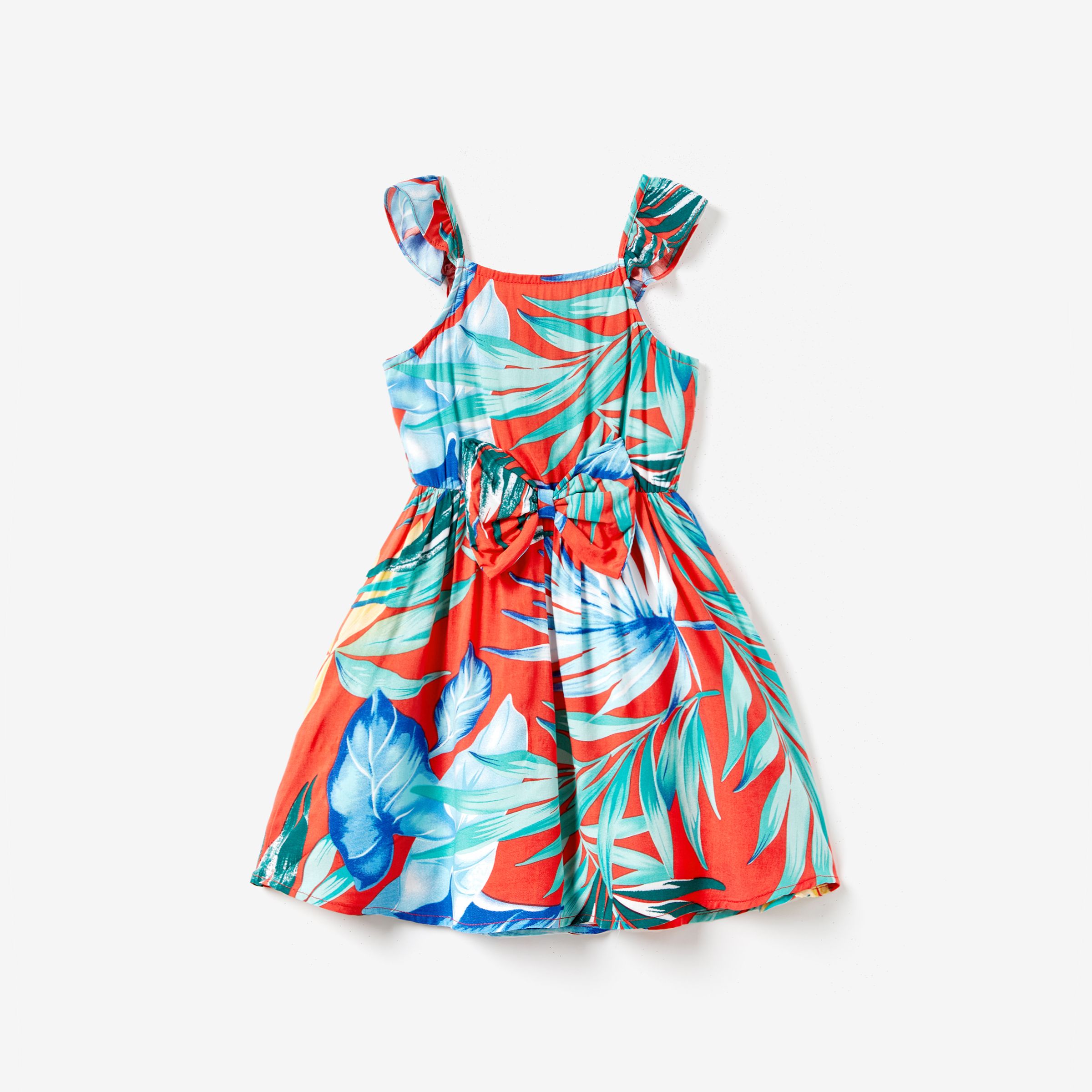 

Family Matching Color Block Tee and Drawstring Tropical Leaf Printed Shirred Back Strap Dress Sets