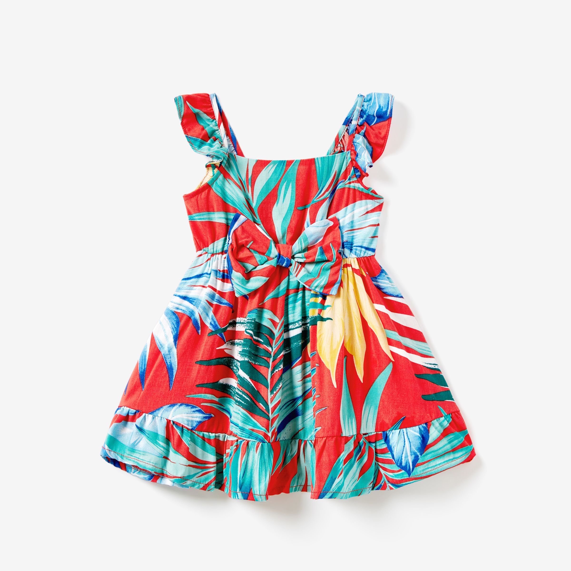 Family Matching Color Block Tee And Drawstring Tropical Leaf Printed Shirred Back Strap Dress Sets