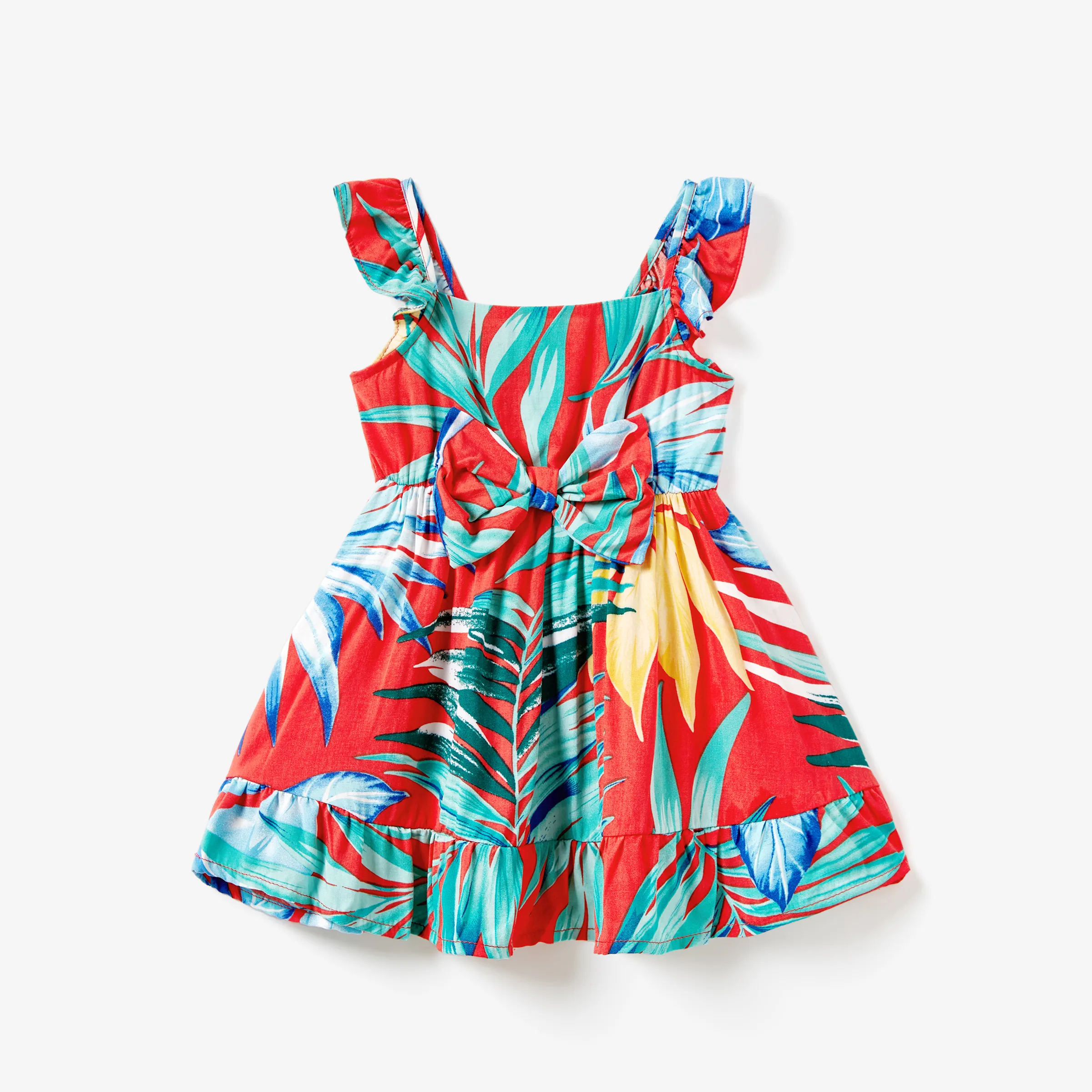Family Matching Color Block Tee And Drawstring Tropical Leaf Printed Shirred Back Strap Dress Sets