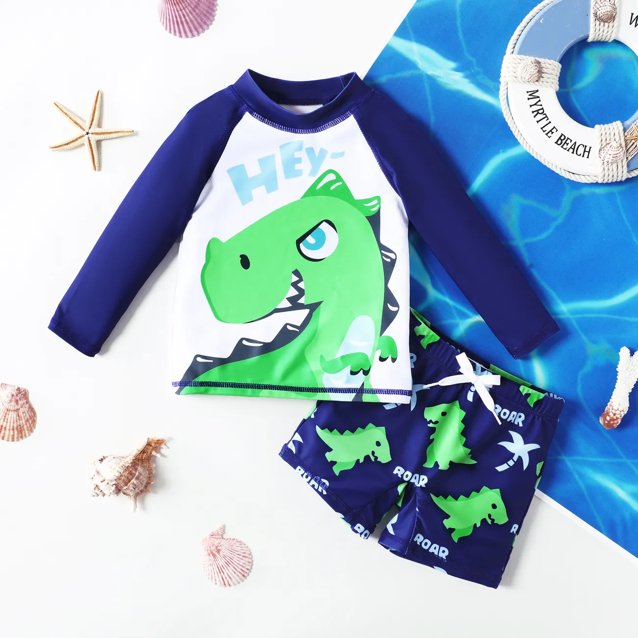 2pcs Toddler/Kid Boy Childlike Dinosaur Swimsuits Set Green big image 1