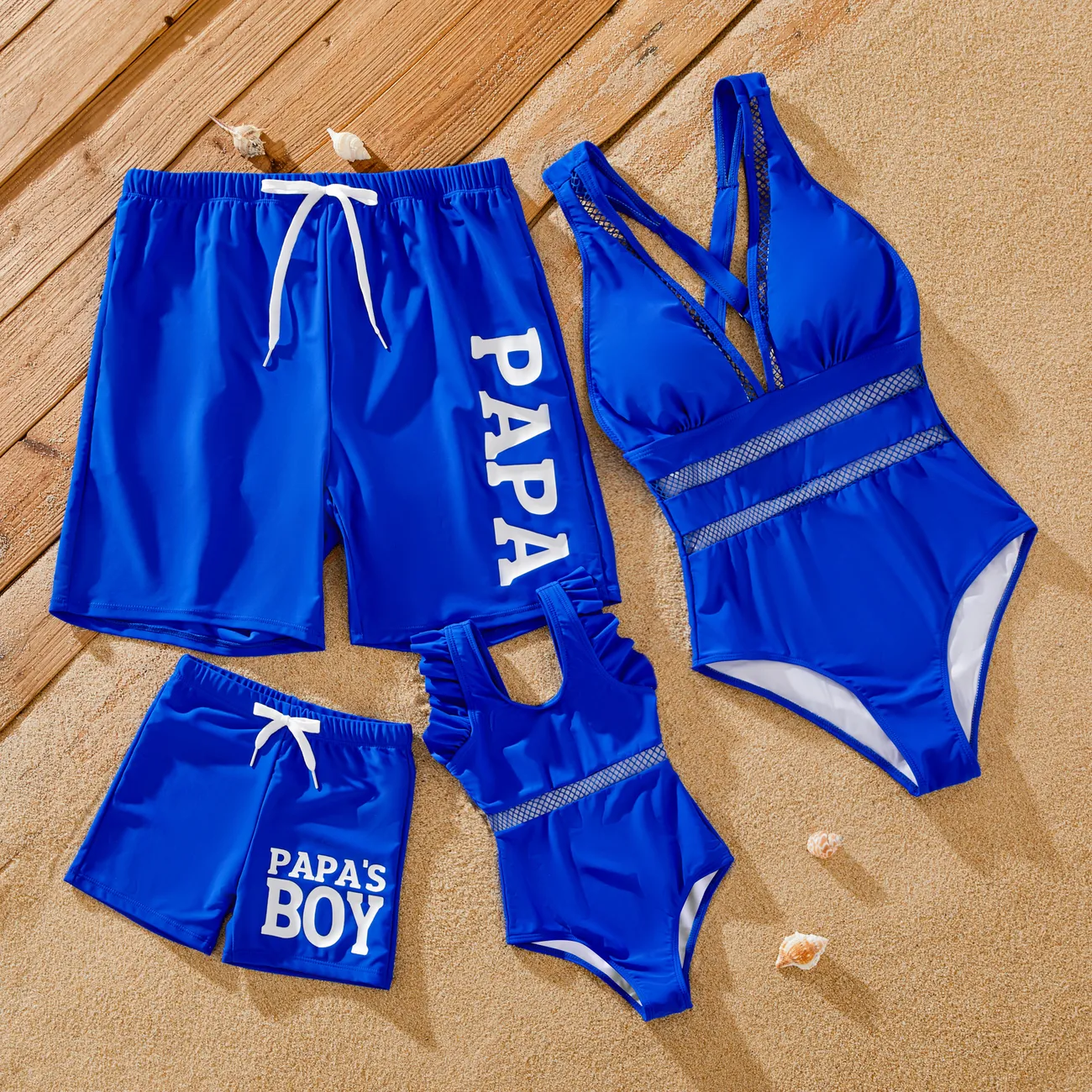 Family Matching Solid Fishnet Spliced One-Piece Swimsuit and Letter Print Swim Trunks Shorts PrussianBlue big image 1