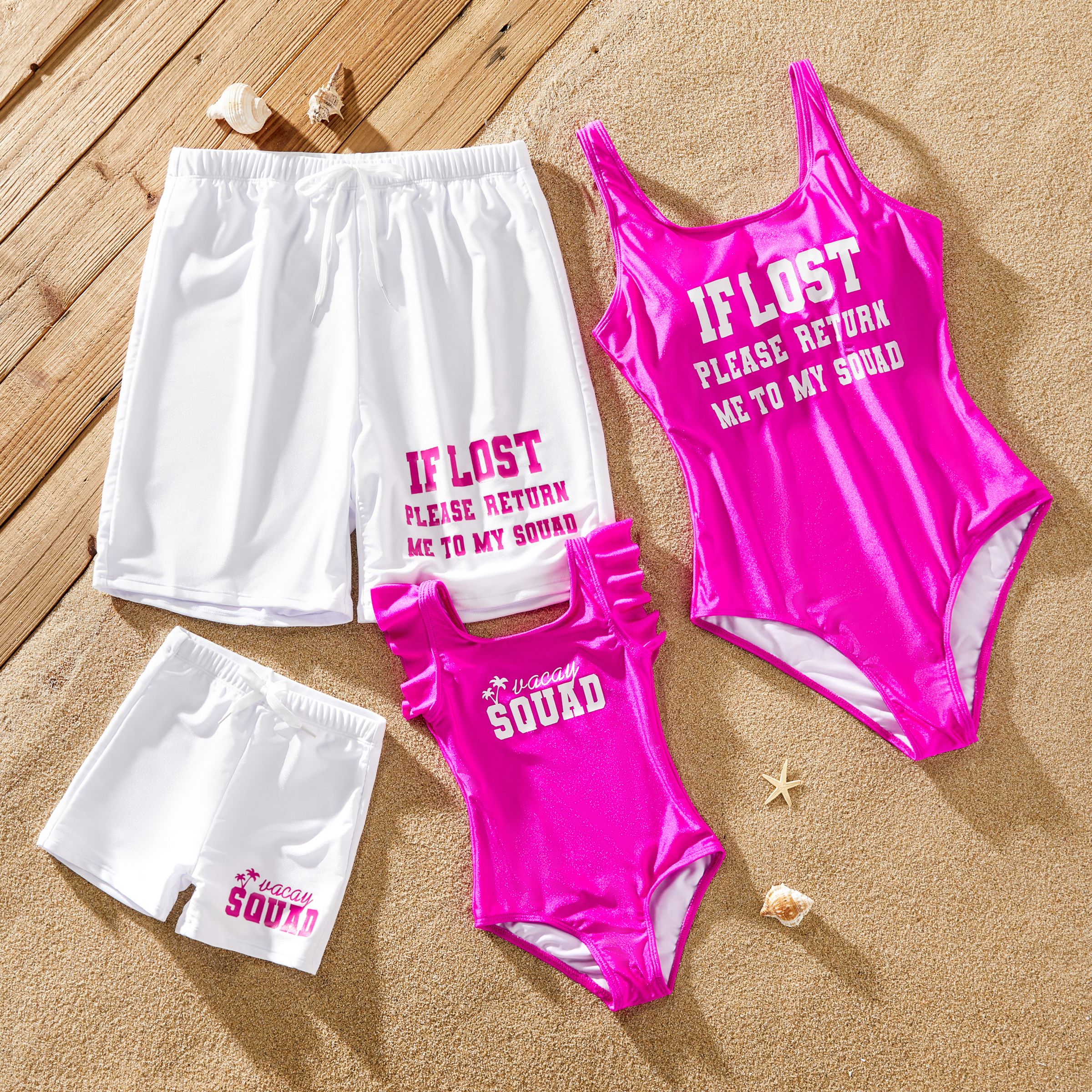 家庭配套白色抽繩泳褲或閃閃發光的粉紅色連體泳衣