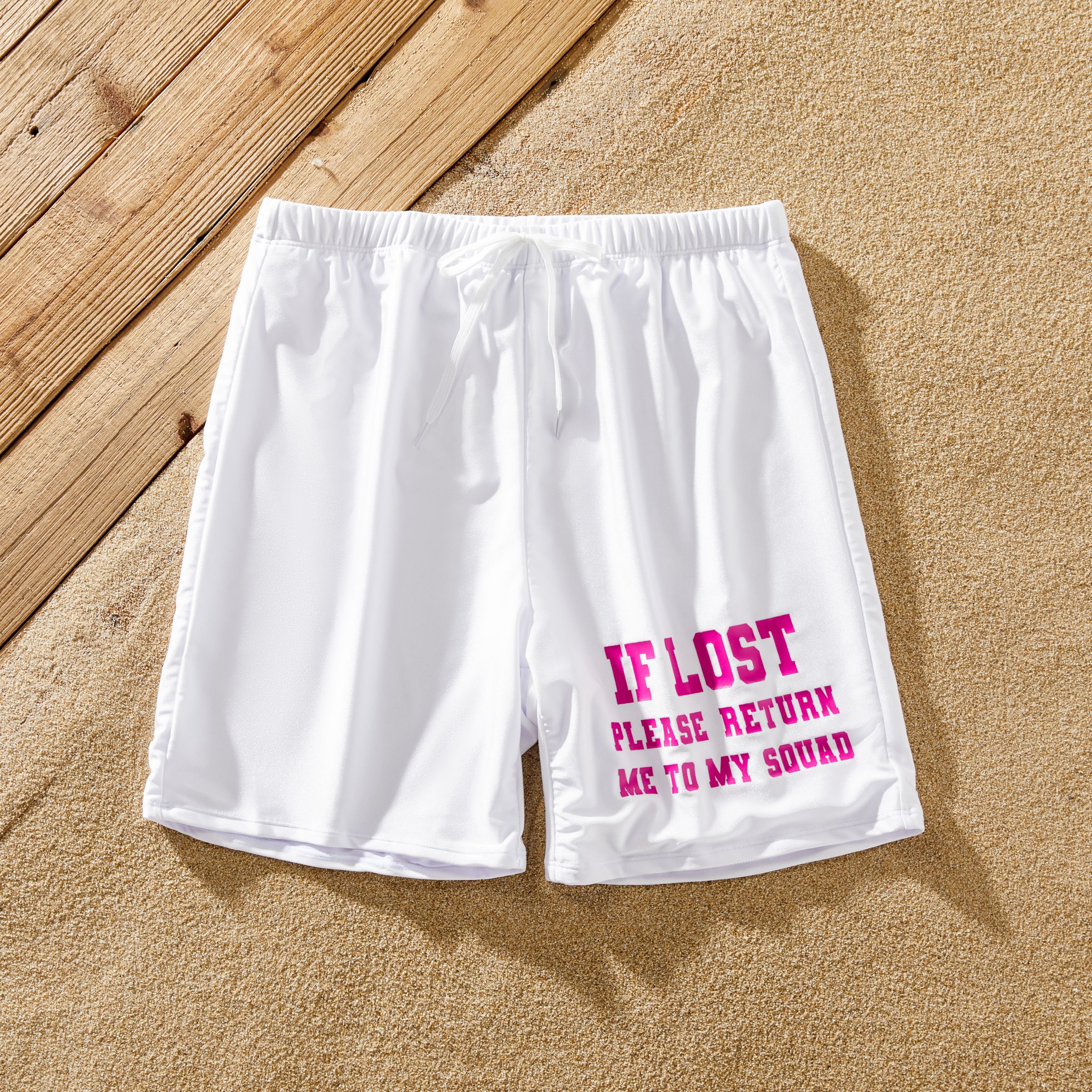 

Family Matching White Drawstring Swim Trunks or Sparkling Hot Pink One-Piece Swimsuit