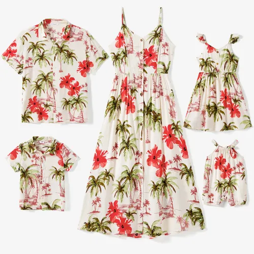 Family Matching Tropical Floral Beach Shirt and Button Strap Midi Dress Sets