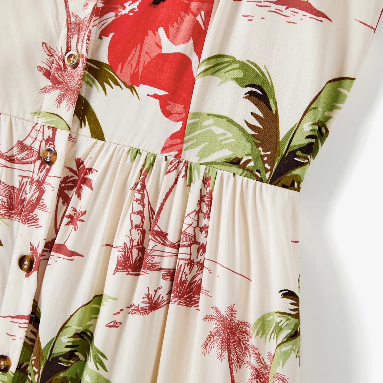 Family Matching Tropical Floral Beach Shirt and Button Strap Midi Dress Sets MultiColour big image 1