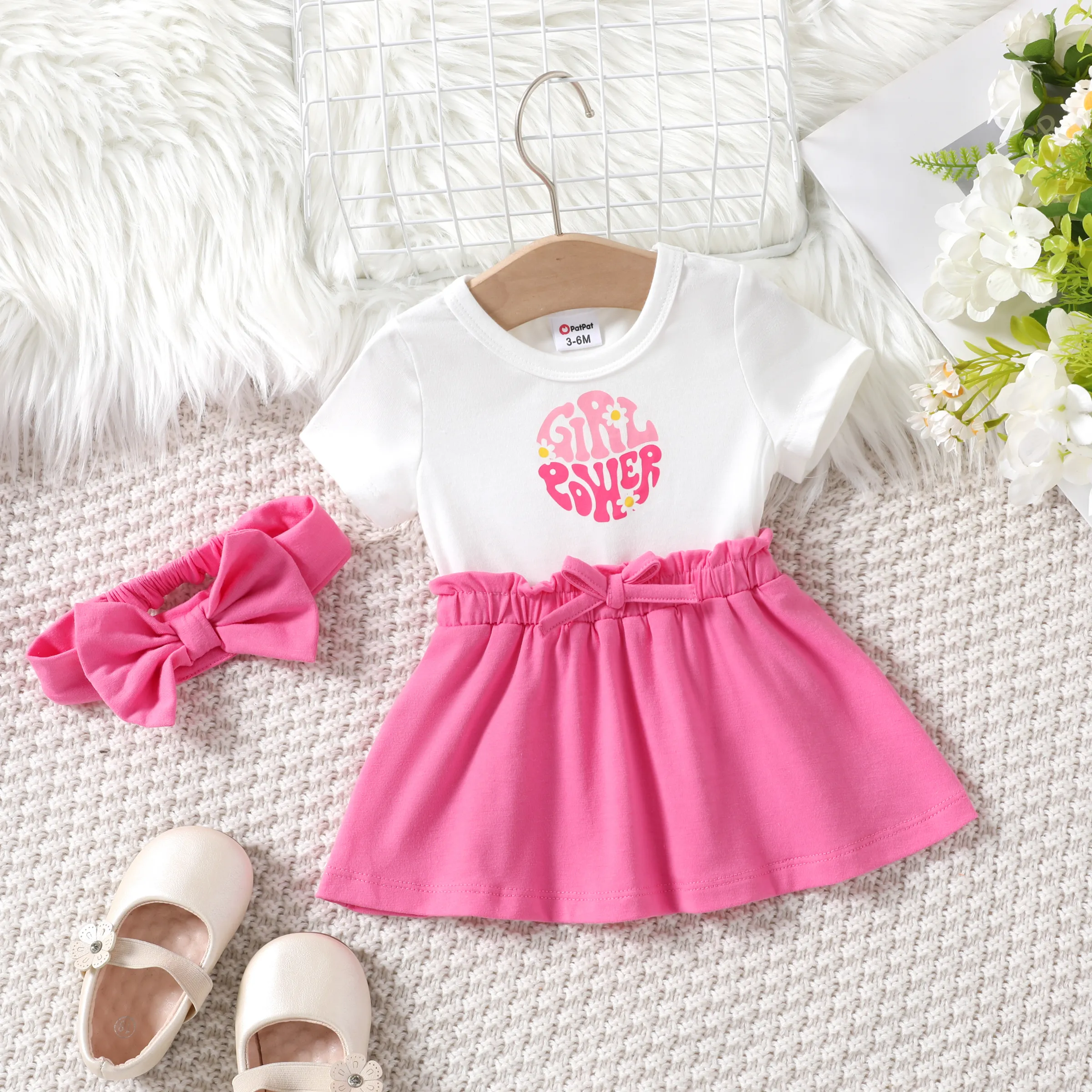Baby Girl 2pcs Letter Print Colorblock Dress and Headband Set
