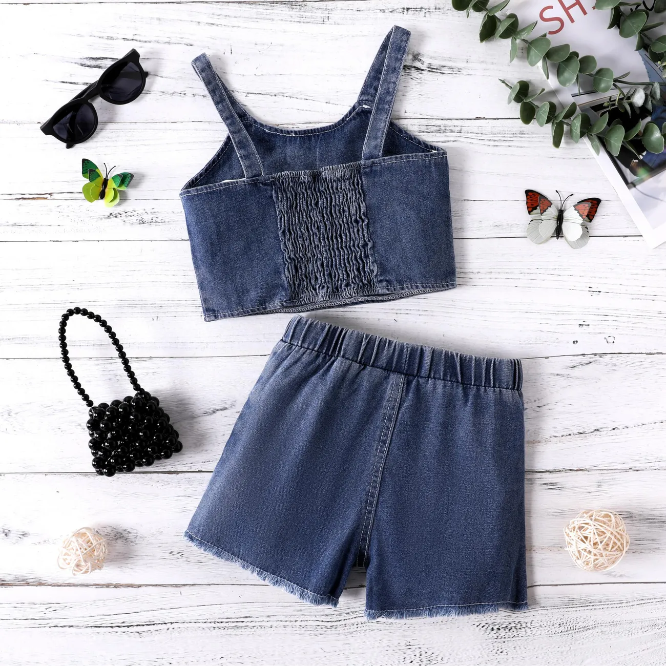 Toddler Girl 2pcs Denim Butterfly Embroidery Camisole and Ripped Shorts Set DENIMBLUE big image 1