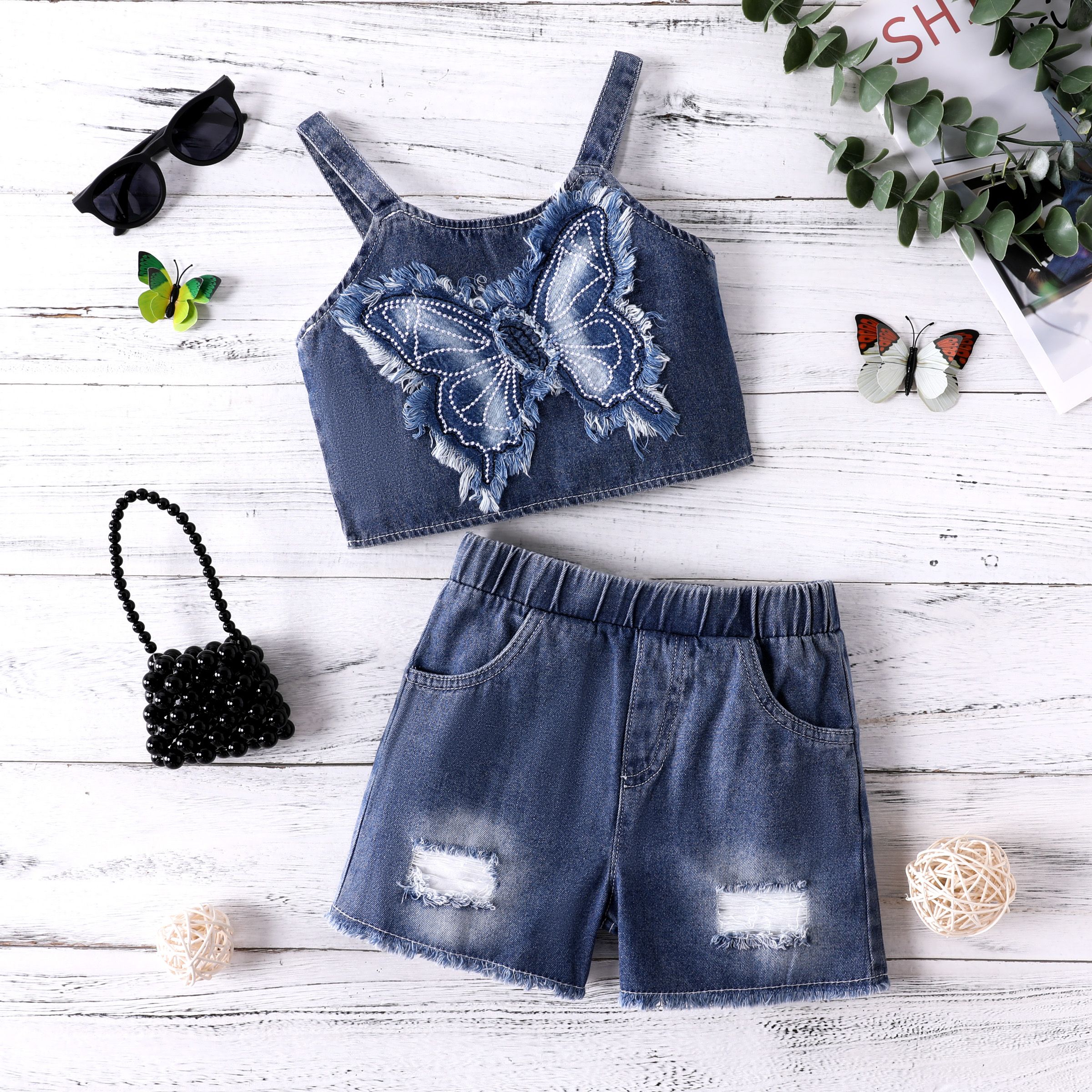 Toddler Girl 2pcs Denim Butterfly Embroidery Camisole and Ripped Shorts Set