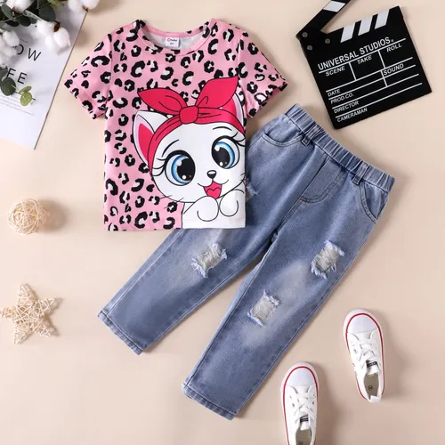 Kleinkind-Mädchen 2-teiliges Leoparden-Katzen-Print-T-Shirt und Jeans-Set