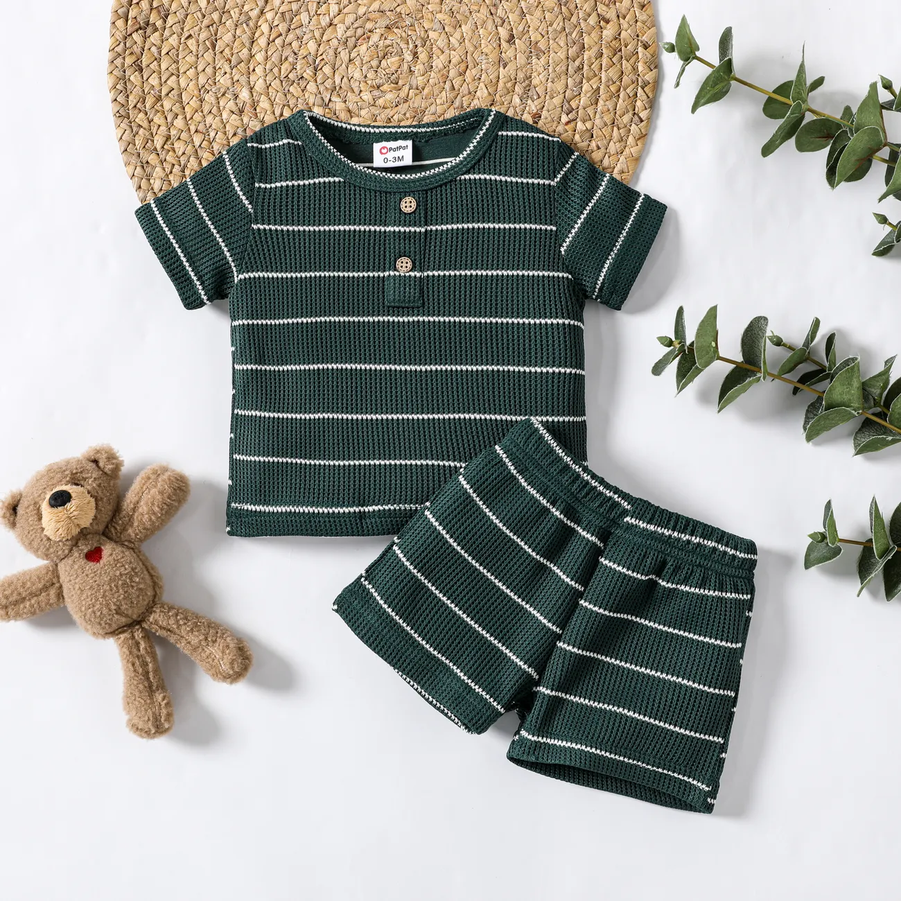 2pcs Baby Boy Henley Stripe Short Sleeve Casual Tee and Shorts Set  Army green big image 1