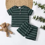 2pcs Baby Boy Henley Stripe Short Sleeve Casual Tee and Shorts Set  Army green