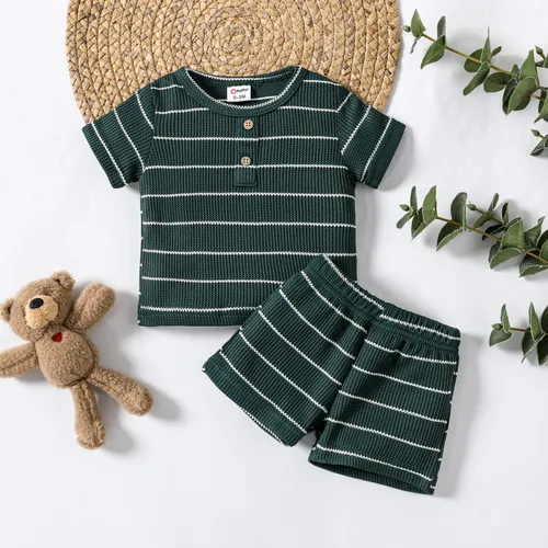 2pcs Baby Boy Henley Stripe Kurzarm Casual T-Shirt und Shorts Set 