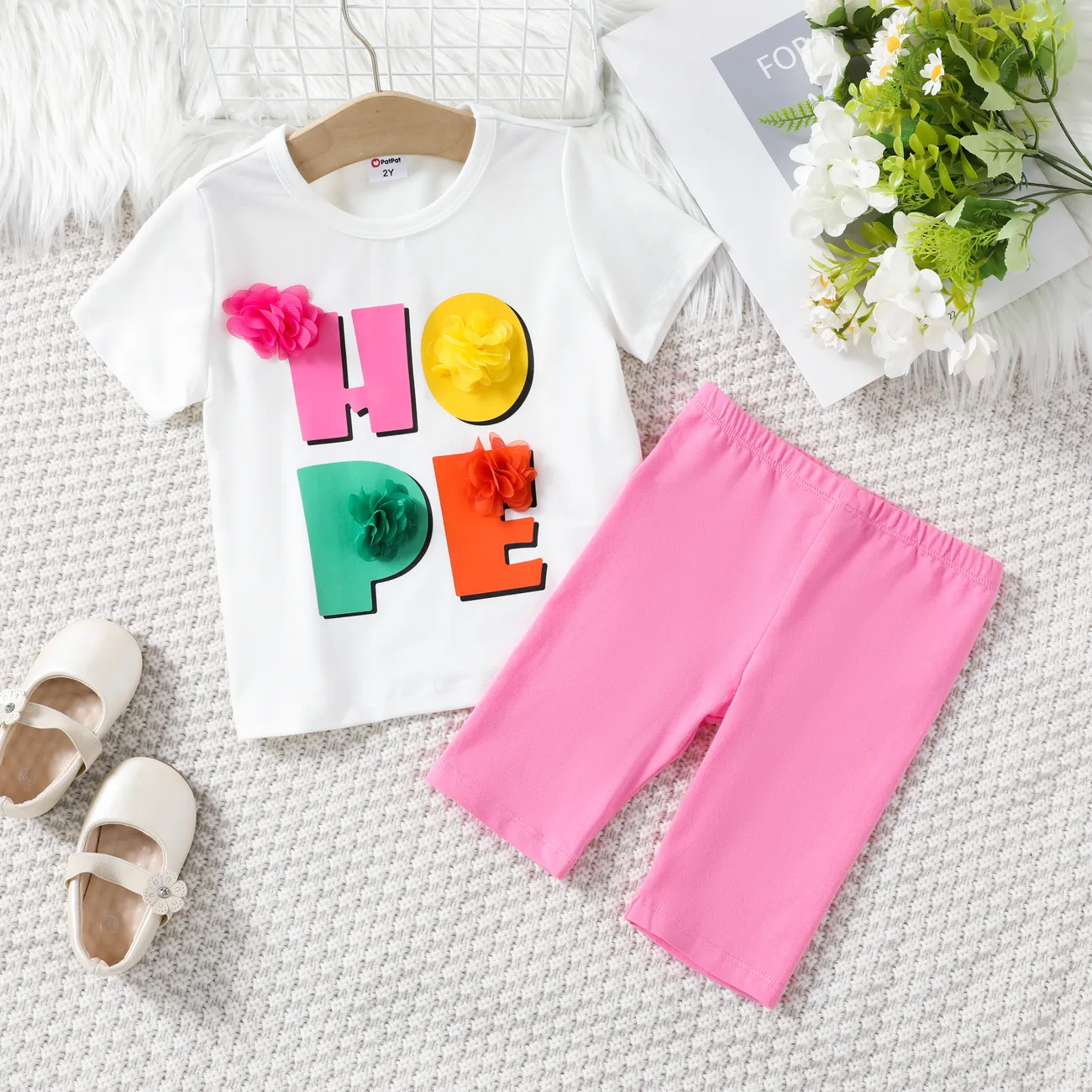 Toddler Girl 2pcs Letter Print Tee and Shorts Set Pink big image 1