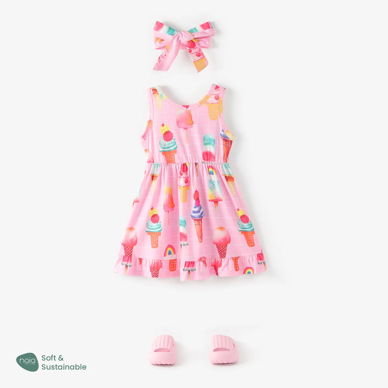 طفل صغير فتاة 2 قطع طفولي الآيس كريم طباعة اللباس مع عقال متعدد الألوان big image 1