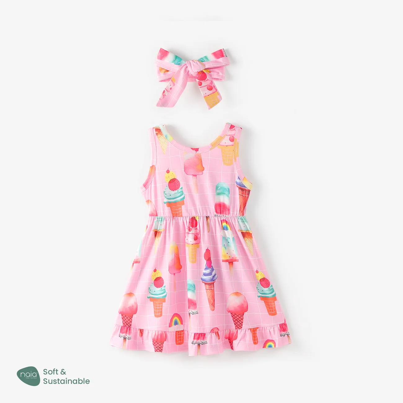 Toddler Girl 2pcs Childlike Ice Cream Print Dress with Headband Multicolour-1 big image 1