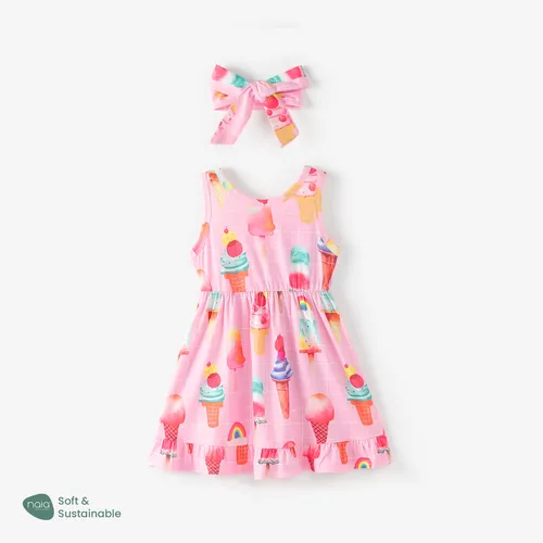 Kleinkind-Mädchen 2-teiliges kindliches Kleid mit Eiscreme-Druck und Stirnband