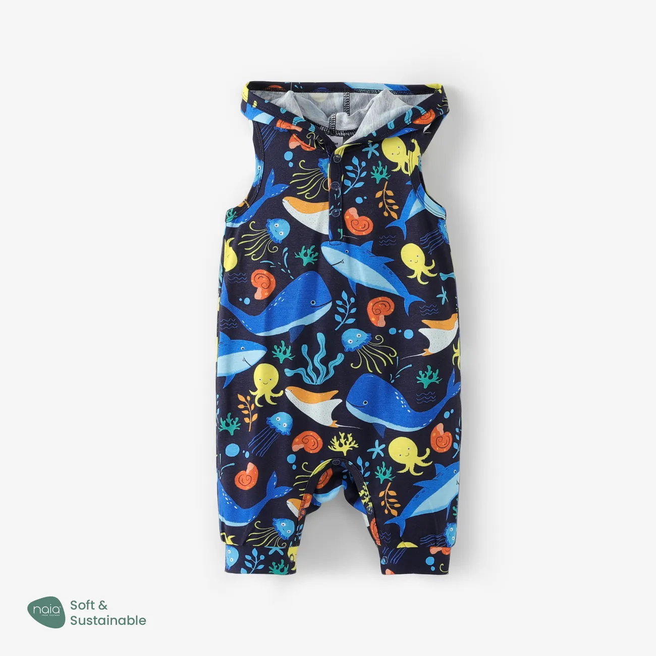 Combinaison de pyjama à capuche à imprimé animal marin pour bébé garçon Bleu Foncé big image 1