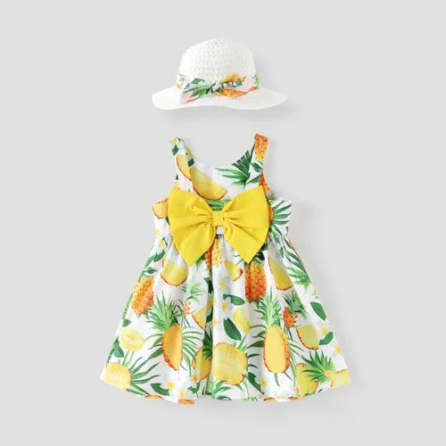 Kleinkind-Mädchen 2-teiliges ärmelloses Kleid mit Ananas-Print und Hut-Set