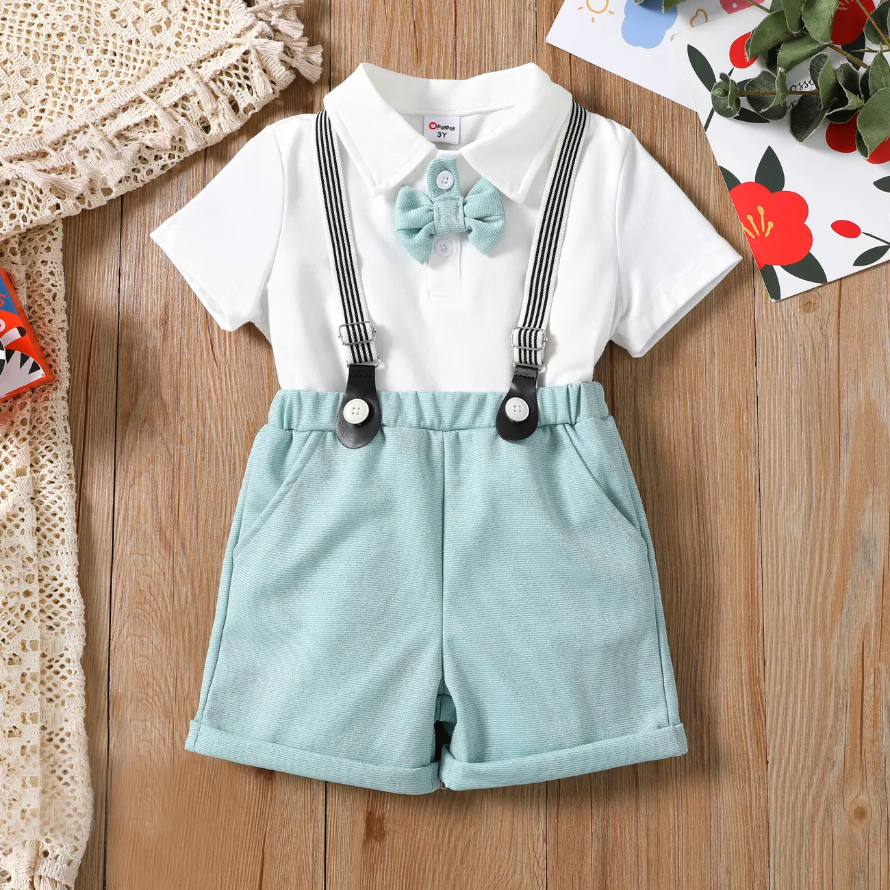 Toddler Boy 3pcs Bowknot camisa e shorts com conjunto de alça destacável Azul big image 1