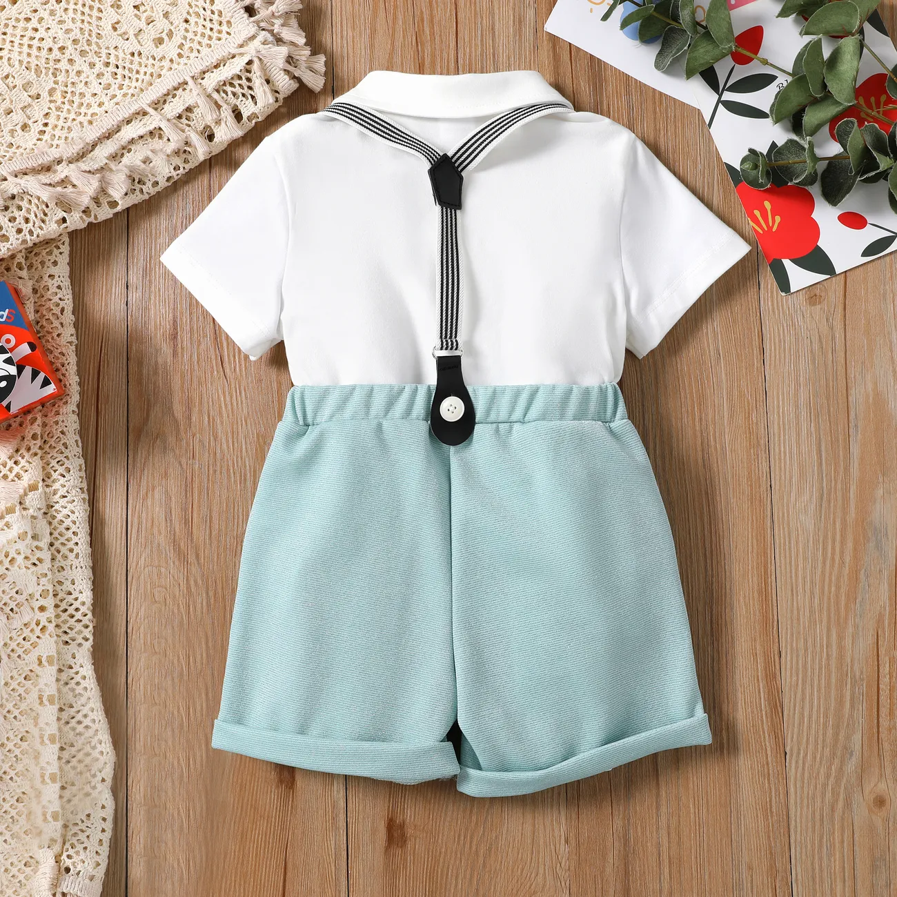 Toddler Boy 3pcs Bowknot Shirt and Shorts with Detachable Strap Set Blue big image 1