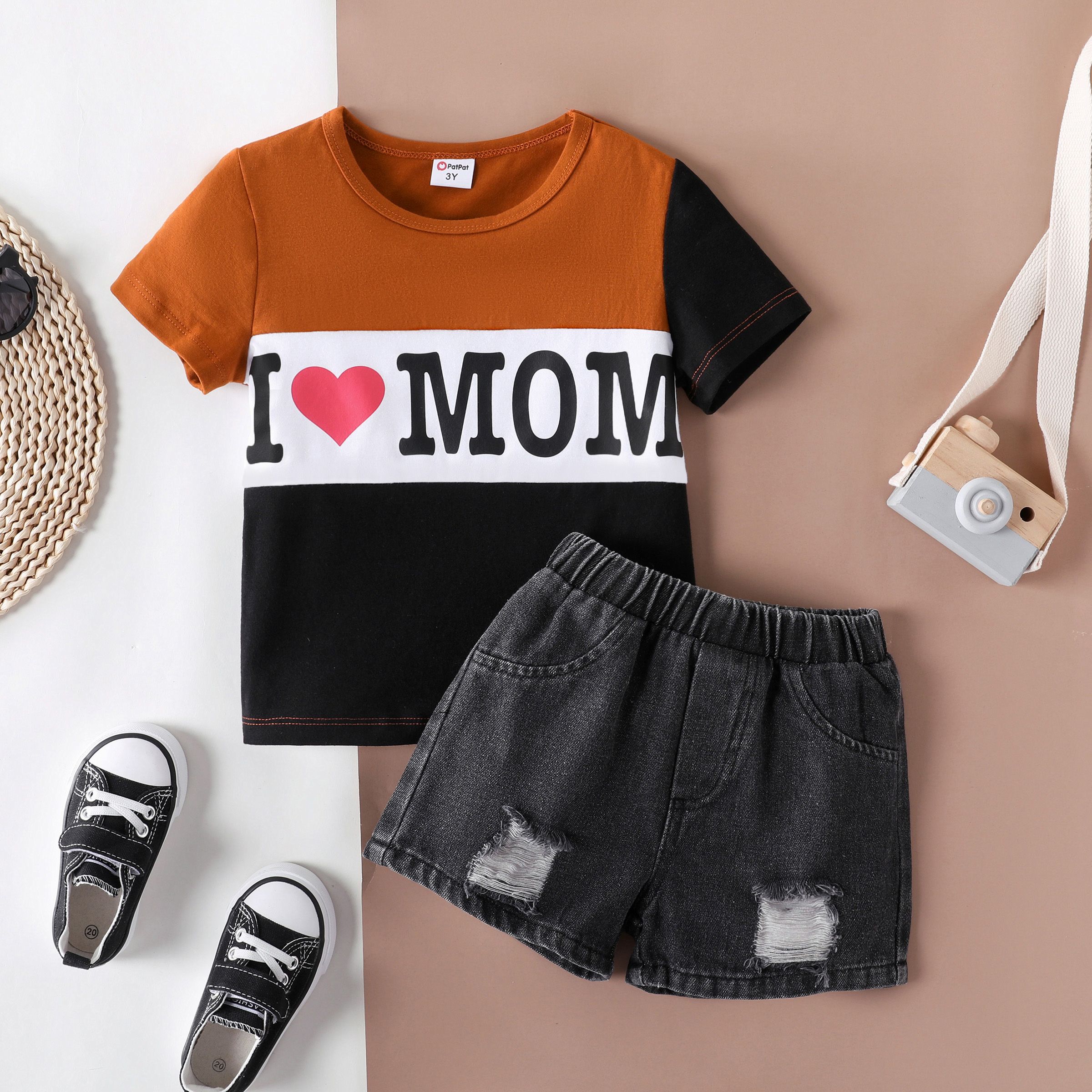 

Toddler Boy 2pcs Letter Print Colorblock Tee and Ripped Denim Shorts Set