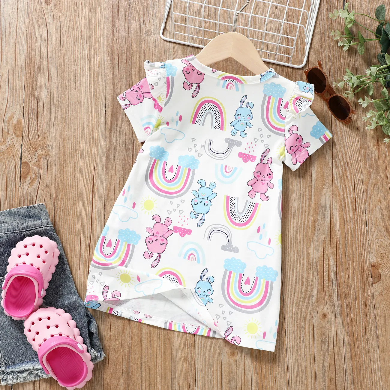 Kleinkind / Kind Mädchen Tier Print Flatterärmel Kleid Pyjama Mehrfarbig big image 1