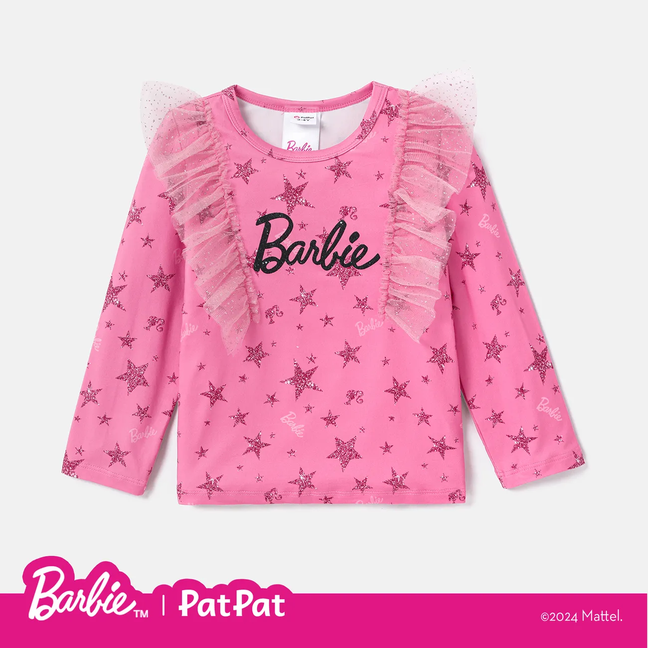 Barbie Toddler Girl Letter Print Mesh Panel Long-sleeve Tee  Pink big image 1