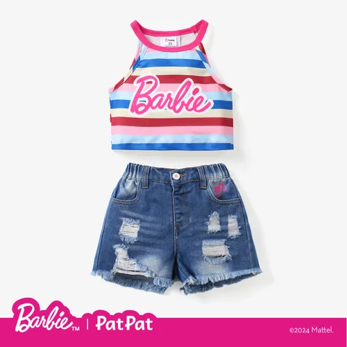 Barbie 1pc Toddler/Kids Girls Character Striped Toddler Tank top/denim shorts

