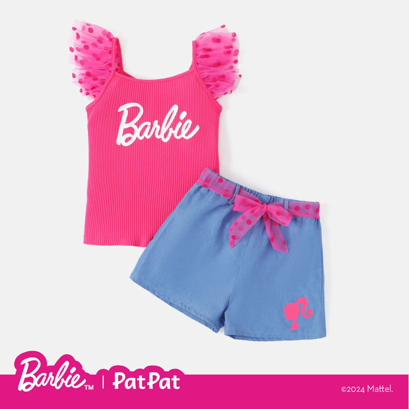 Barbie Toddler/Kid Girl 2pcs Letter Print Polka Dots Mesh Sleeve Ribbed Top and Belted Shorts Set Hot Pink big image 1