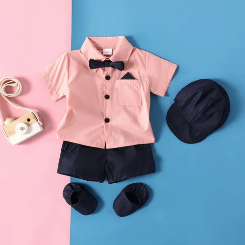 4pcs Baby Boy's Summer Geometric Pattern Lace Short Sleeve Top and Shorts and Hat and Shoes Set 
