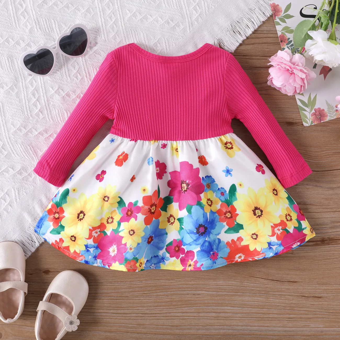 Baby Girl Sweet Colorblock Bowknot Floral Pattern Dress Roseo big image 1