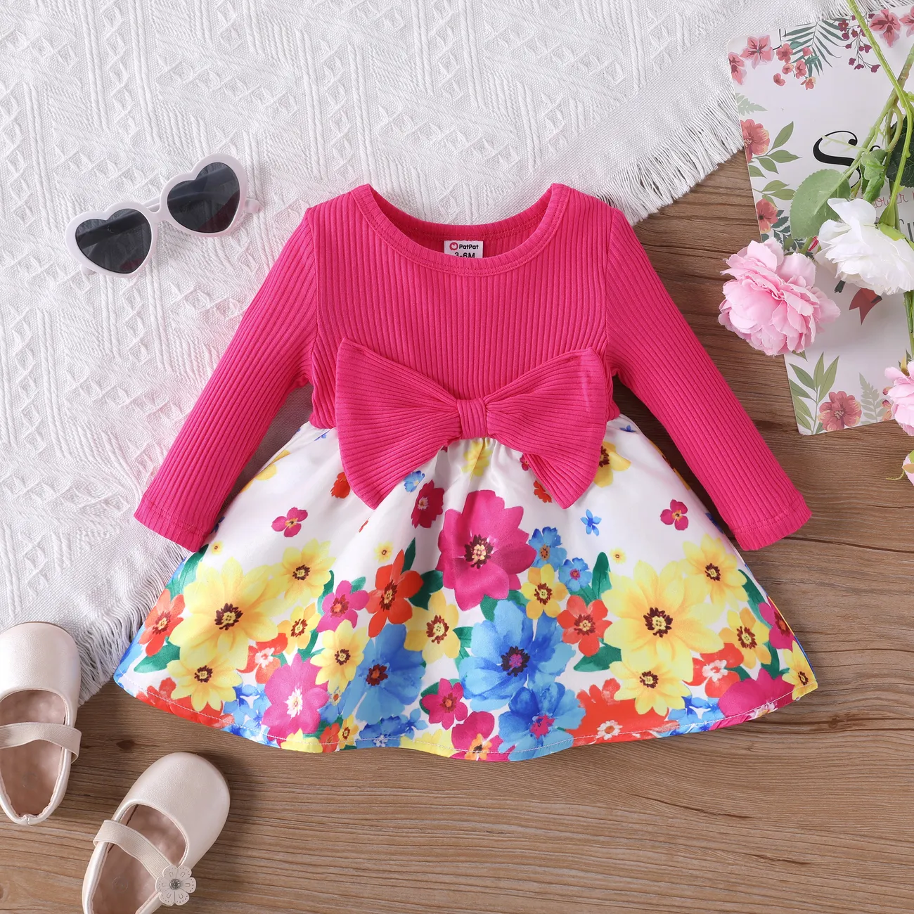 Baby Girl Sweet Colorblock Bowknot Floral Pattern Dress Roseo big image 1