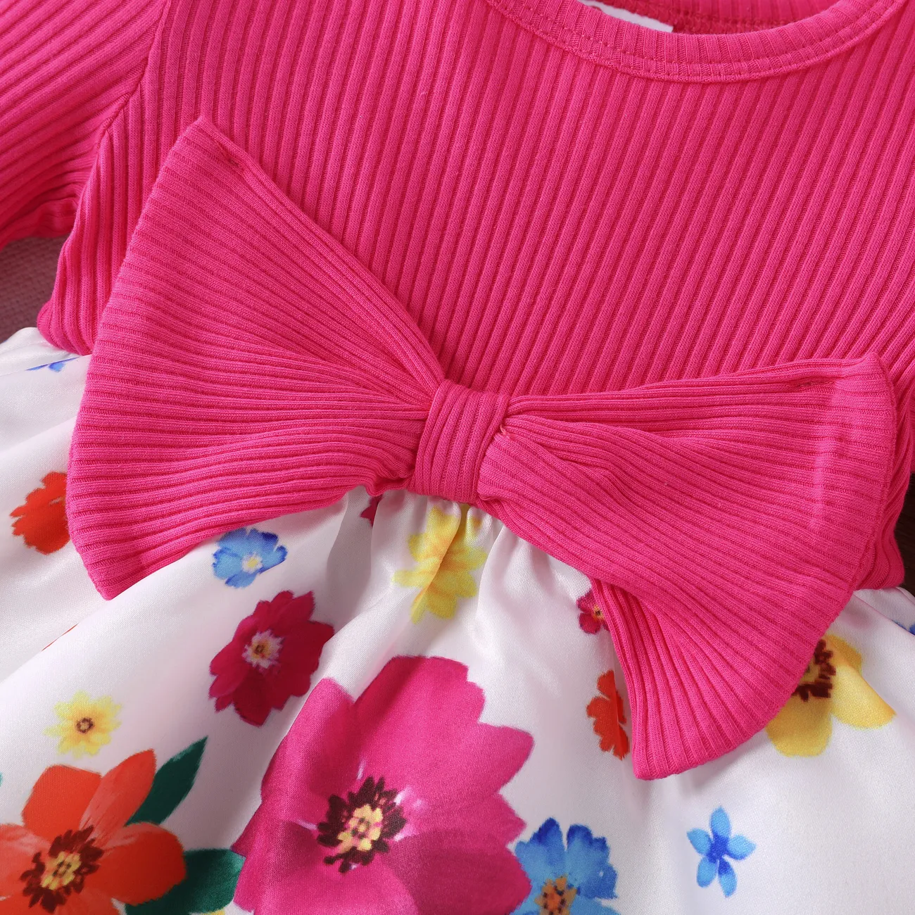 嬰兒 布料拼接 甜美 長袖 連衣裙 玫瑰 big image 1